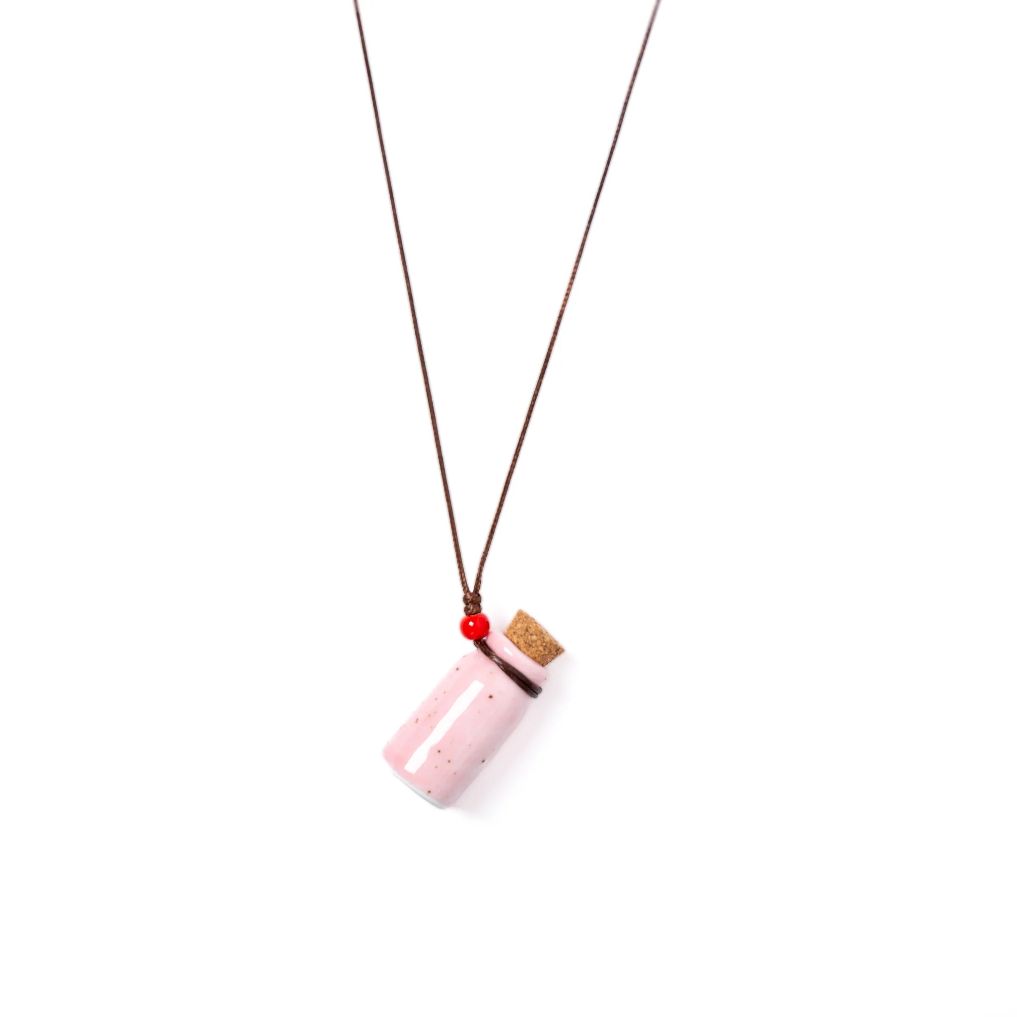 Handmade Pink Ceramic Perfume Bottle Necklace – Adjustable Wax Cord Aromatherapy Jewelry