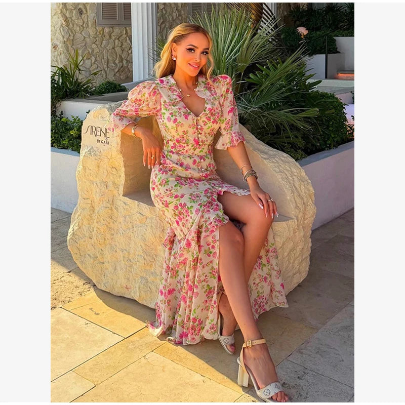 Women's Printed Gathered Swing Midi Dress - Spaghetti Strap High Waist