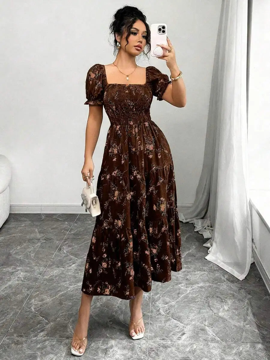 Women's Square Neck Pleated Maxi Dress - Short Sleeve Ruffle Hem