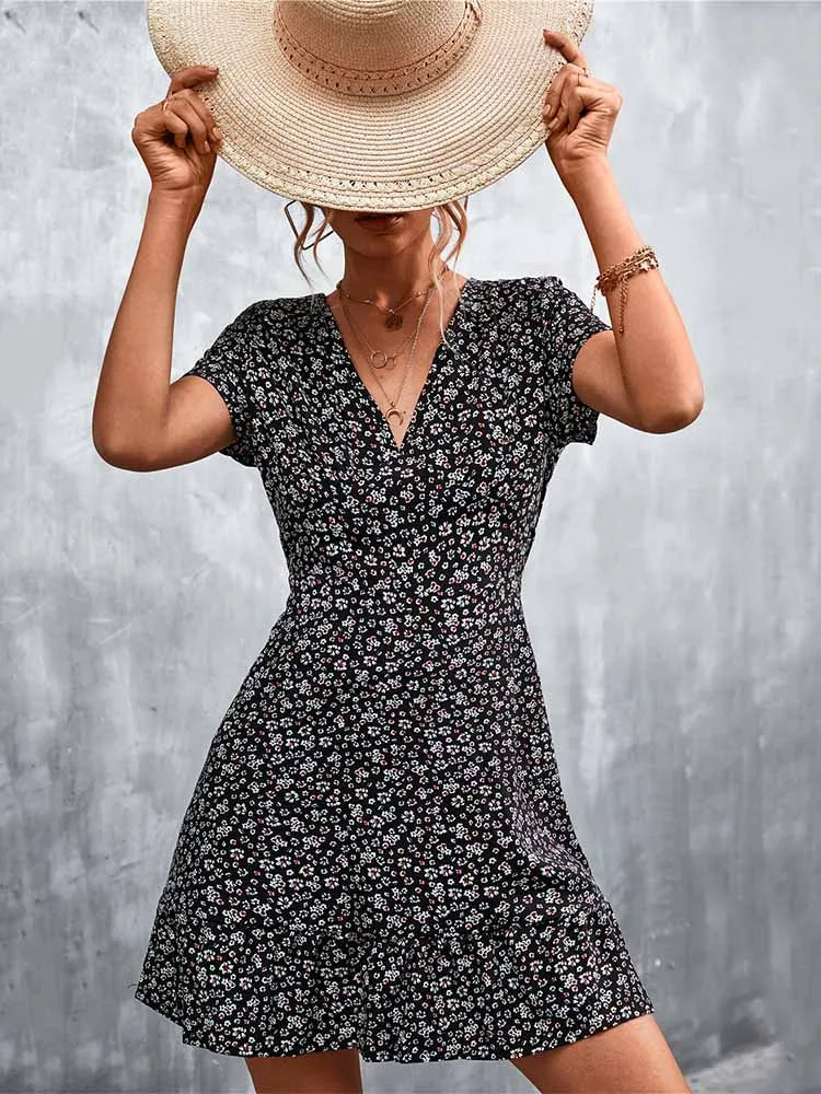 Boho Floral Print V-Neck Mini Dress