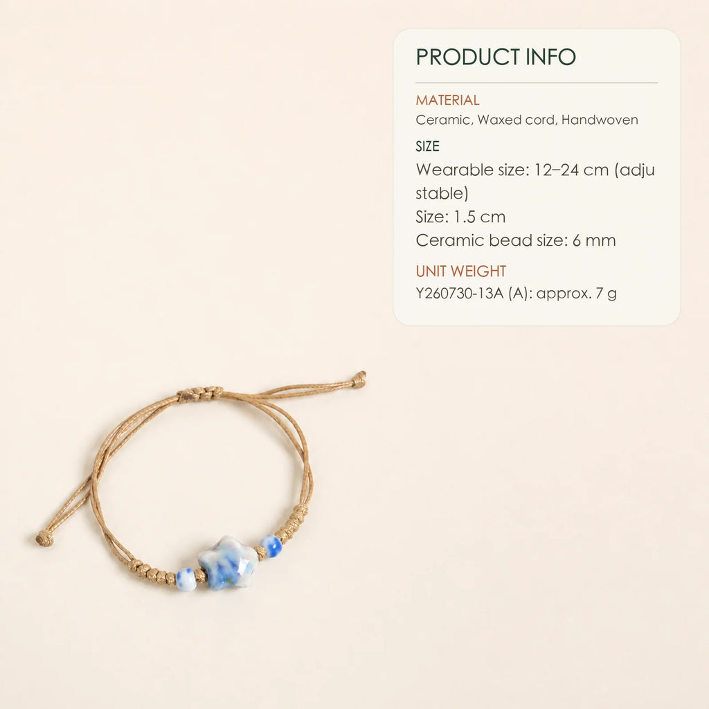Handmade Blue & Green Star Ceramic Bead Bracelet – Adjustable Woven Wax Cord Artisan Jewelry
