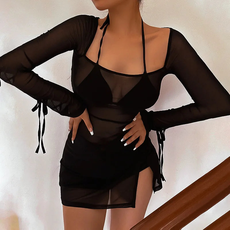 Square Collar Sheer Long Sleeve Mini Dress