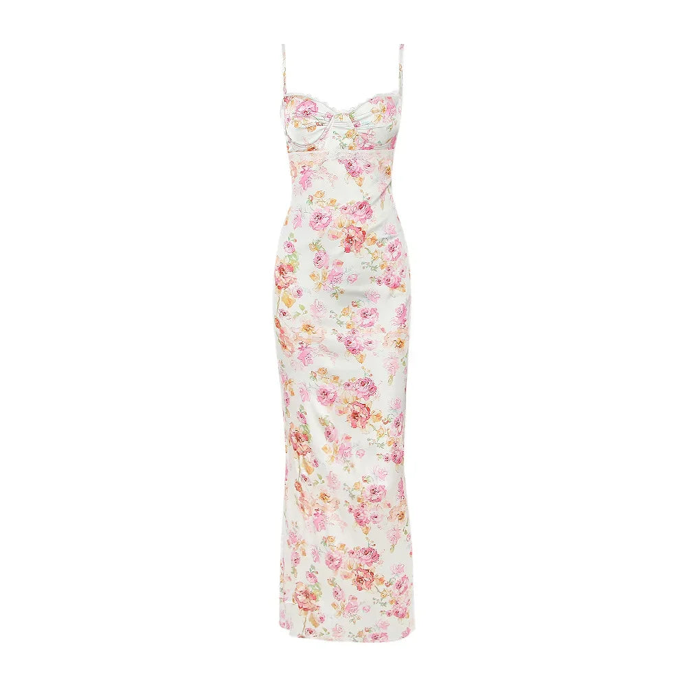 Women's Spaghetti Strap Floral Print Maxi Dress - Boat Neck Elegant Style
