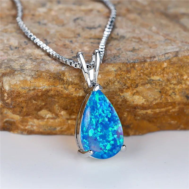 Boho Opal Teardrop Necklace – Silver, Blue-Green