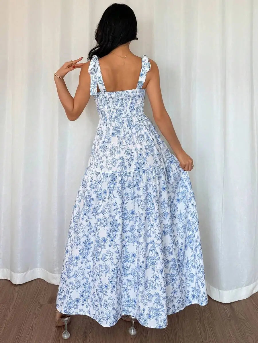 Women's V Neck Pleated Floral Maxi Dress - Sleeveless Ruffle Hem