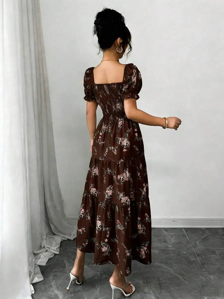 Women's Square Neck Pleated Maxi Dress - Short Sleeve Ruffle Hem
