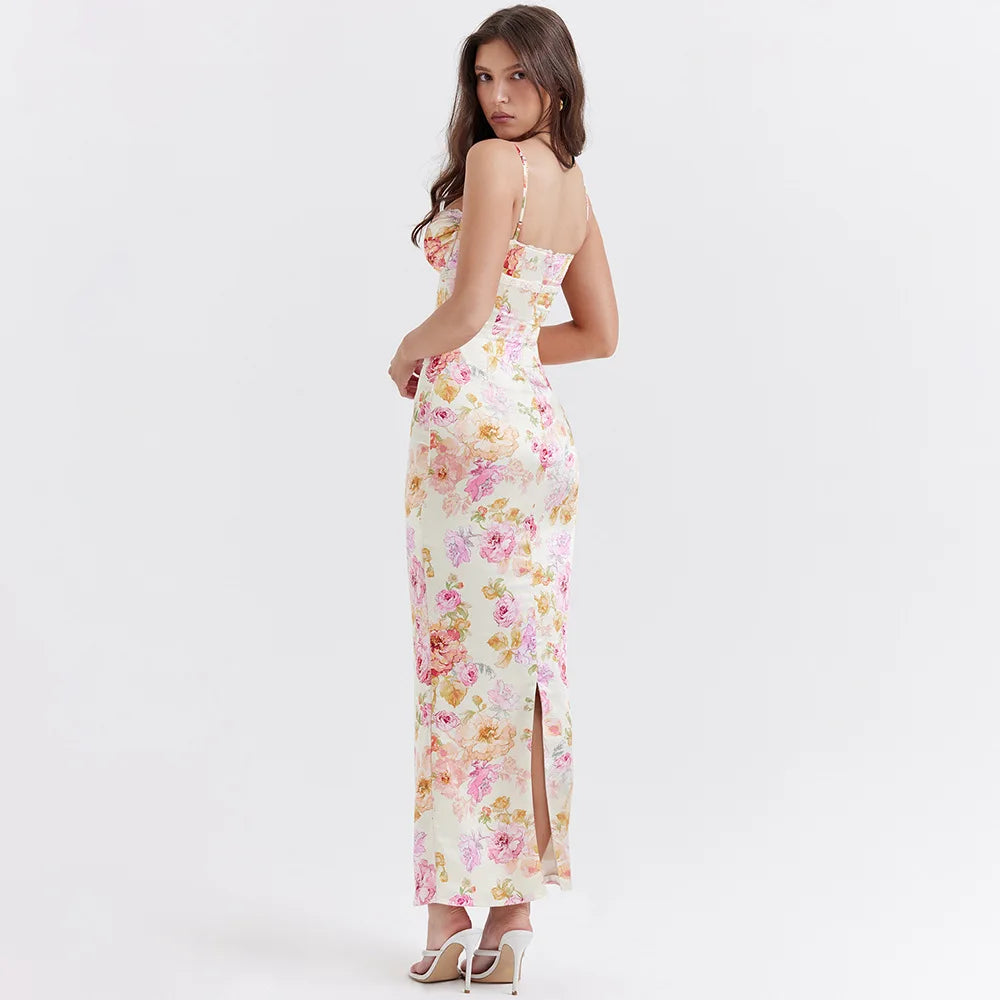 Women's Spaghetti Strap Floral Print Maxi Dress - Boat Neck Elegant Style