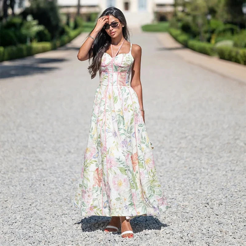 Women's Printed Sleeveless Sling Halter Maxi Dress - Waist Cinching A-line Style