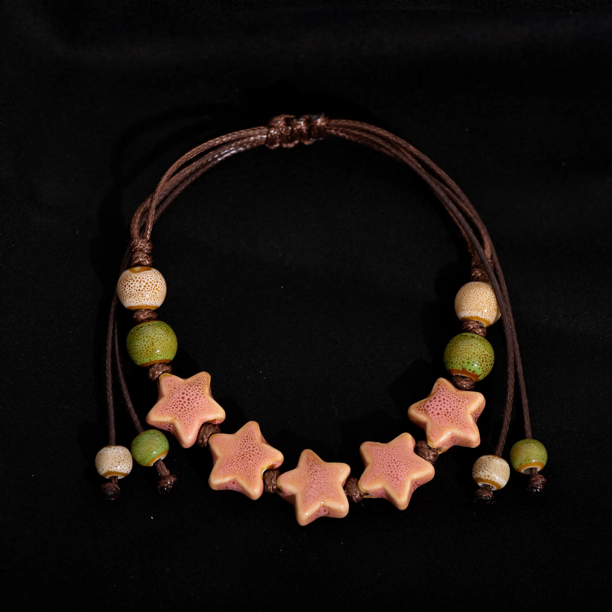 Handmade Pentagram Ceramic Bead Bracelet – Adjustable Wax Cord Jewelry for Women & Couples