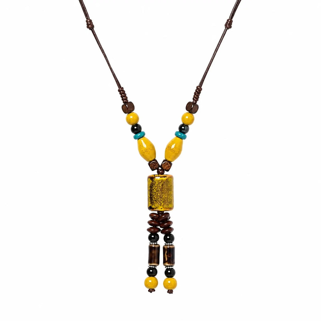 Handmade Ceramic Beaded Pendant Necklace – Adjustable Wax Cord Artisan Jewelry Gift for Women
