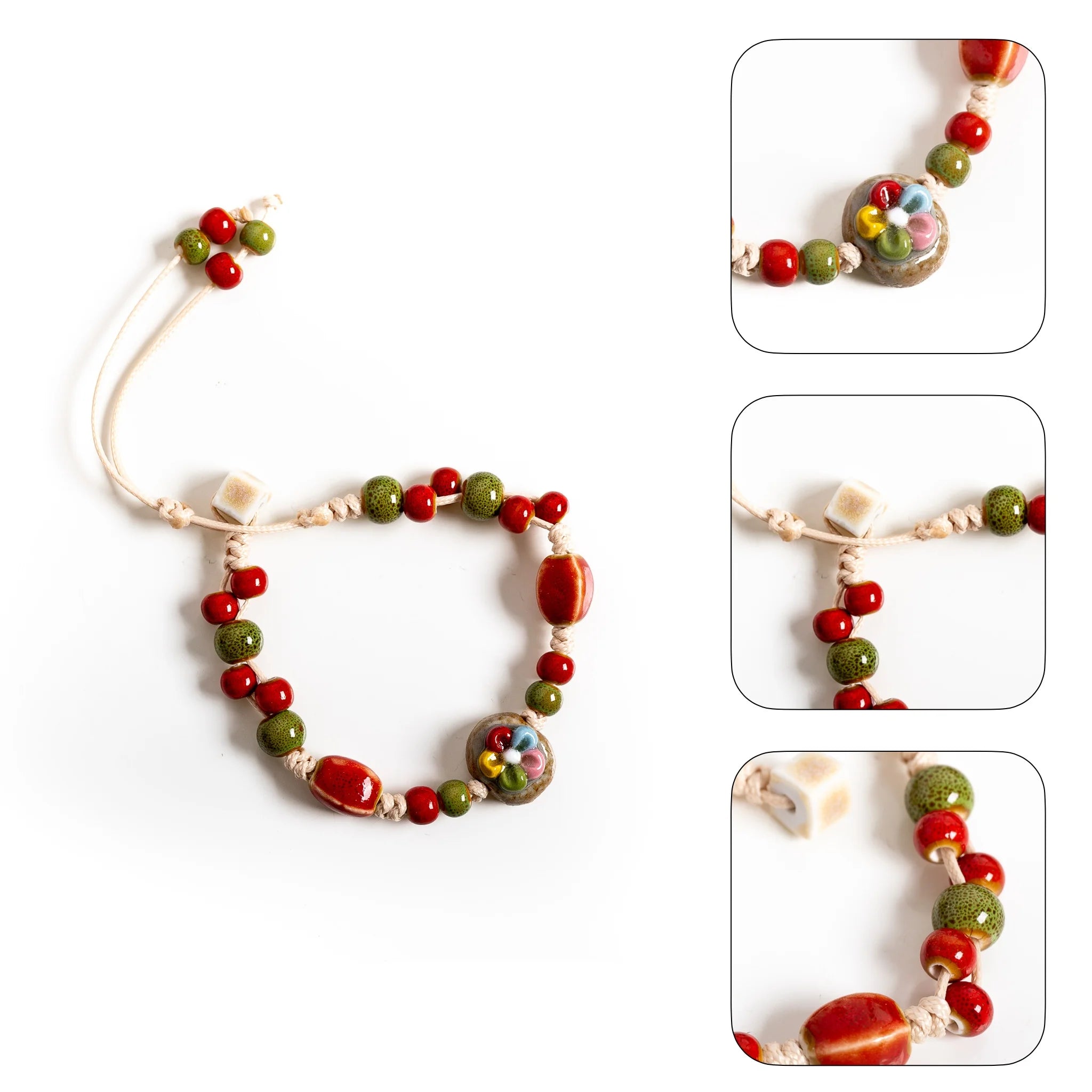 Handmade Floral Stone Ceramic Bracelet – Adjustable Wax Cord Dainty Vintage Jewelry for Women