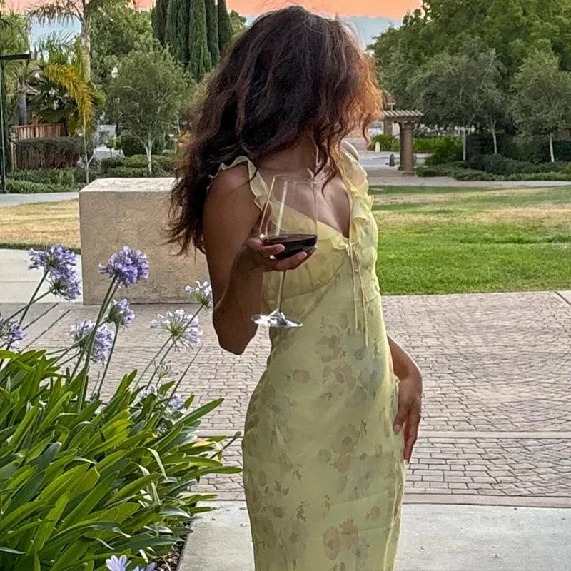 Women's Retro V-Neck Yellow Flower Print Maxi Dress - Sleeveless High Waist Long Dress