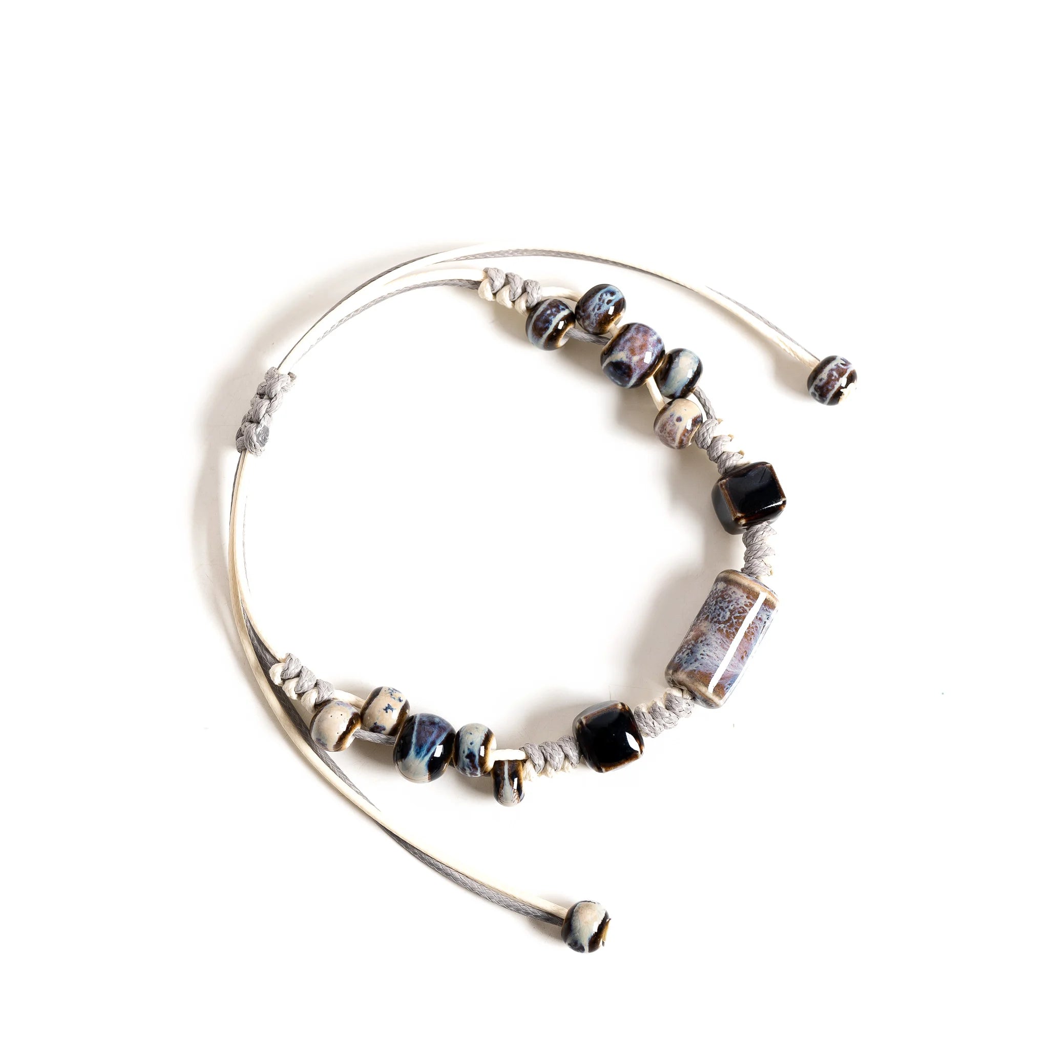 Handmade Vintage Tube Ceramic Bracelet – Adjustable Wax Cord Minimal Natural Jewelry