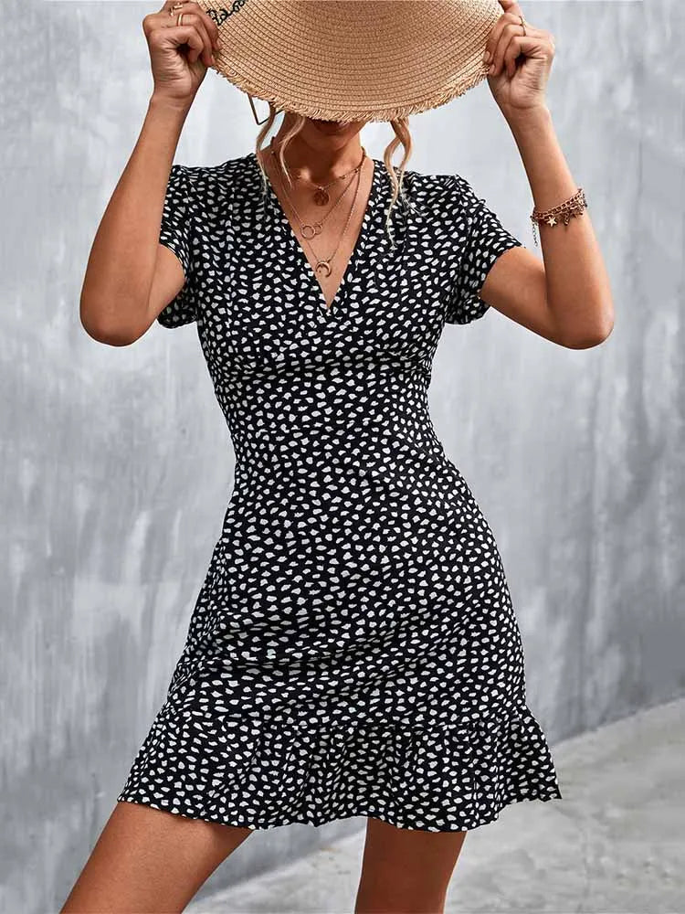Boho Floral Print V-Neck Mini Dress