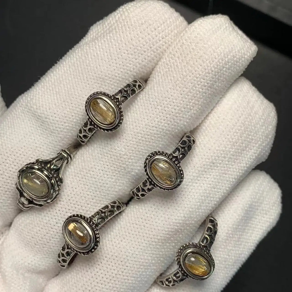 Natural Gold Rutilated Quartz Adjustable Ring – Vintage Fine Jewelry for Women