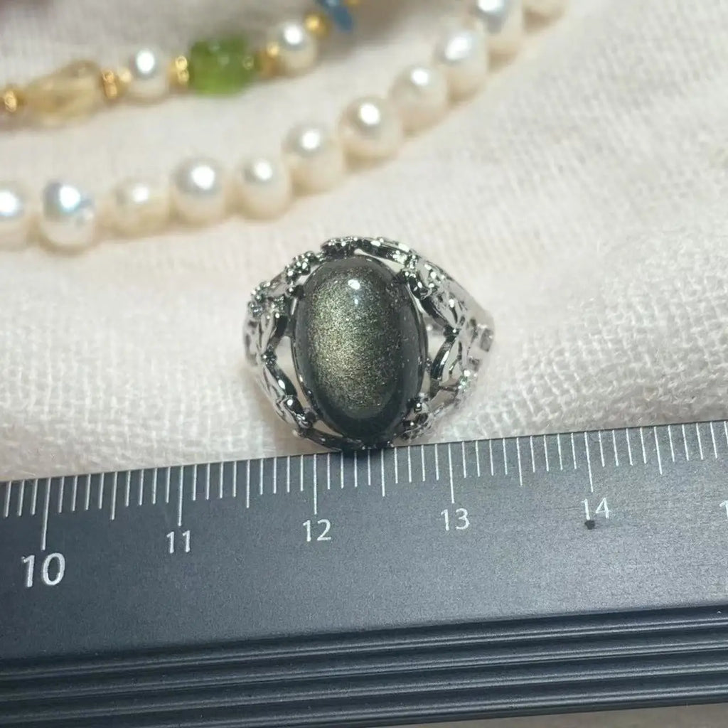 Natural Obsidian Adjustable Ring – Vintage Gemstone Ring for Women
