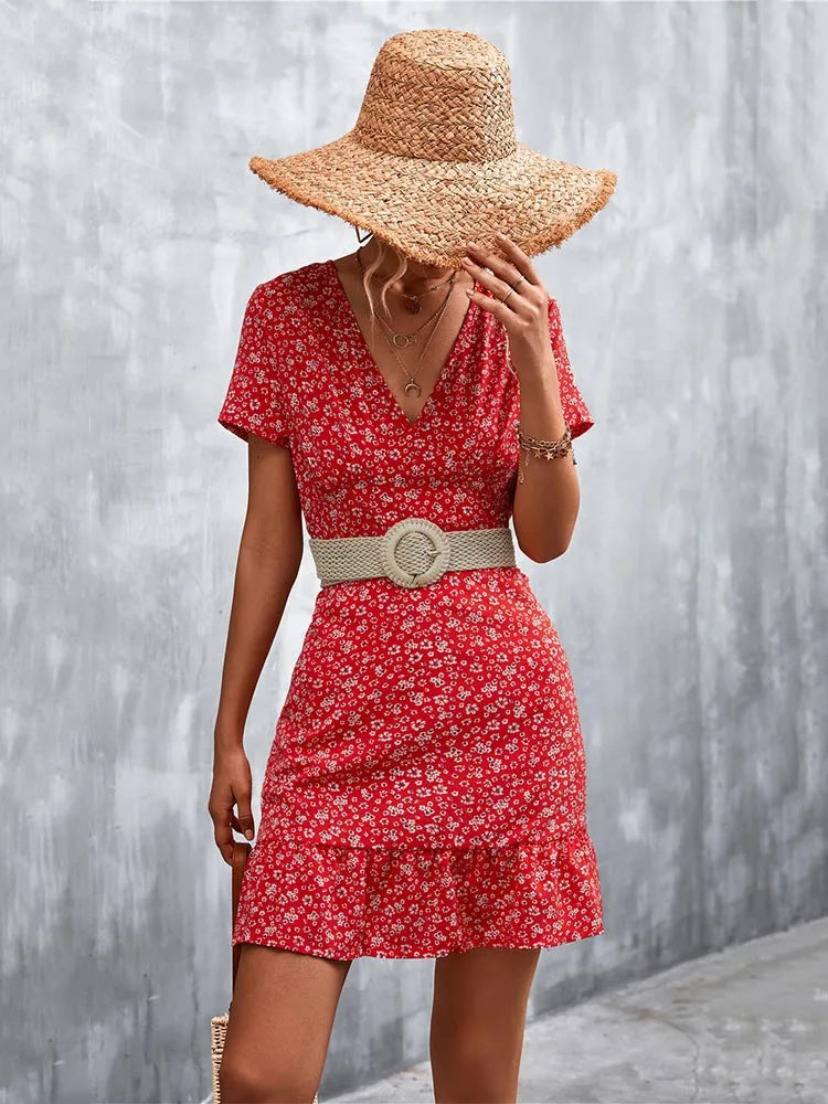 Boho Floral Print V-Neck Mini Dress