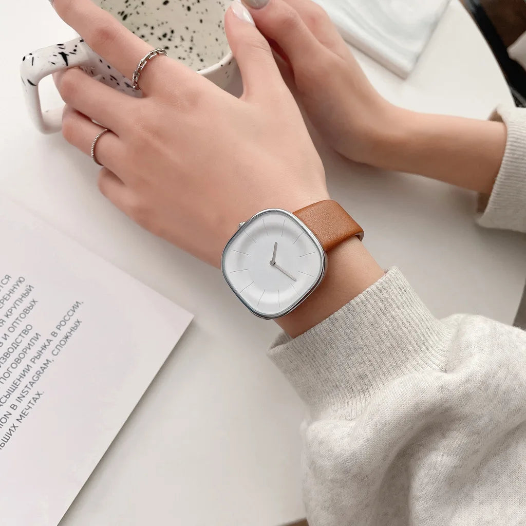Women’s Square Minimalist Watch – Leather Strap Quartz Timepiece