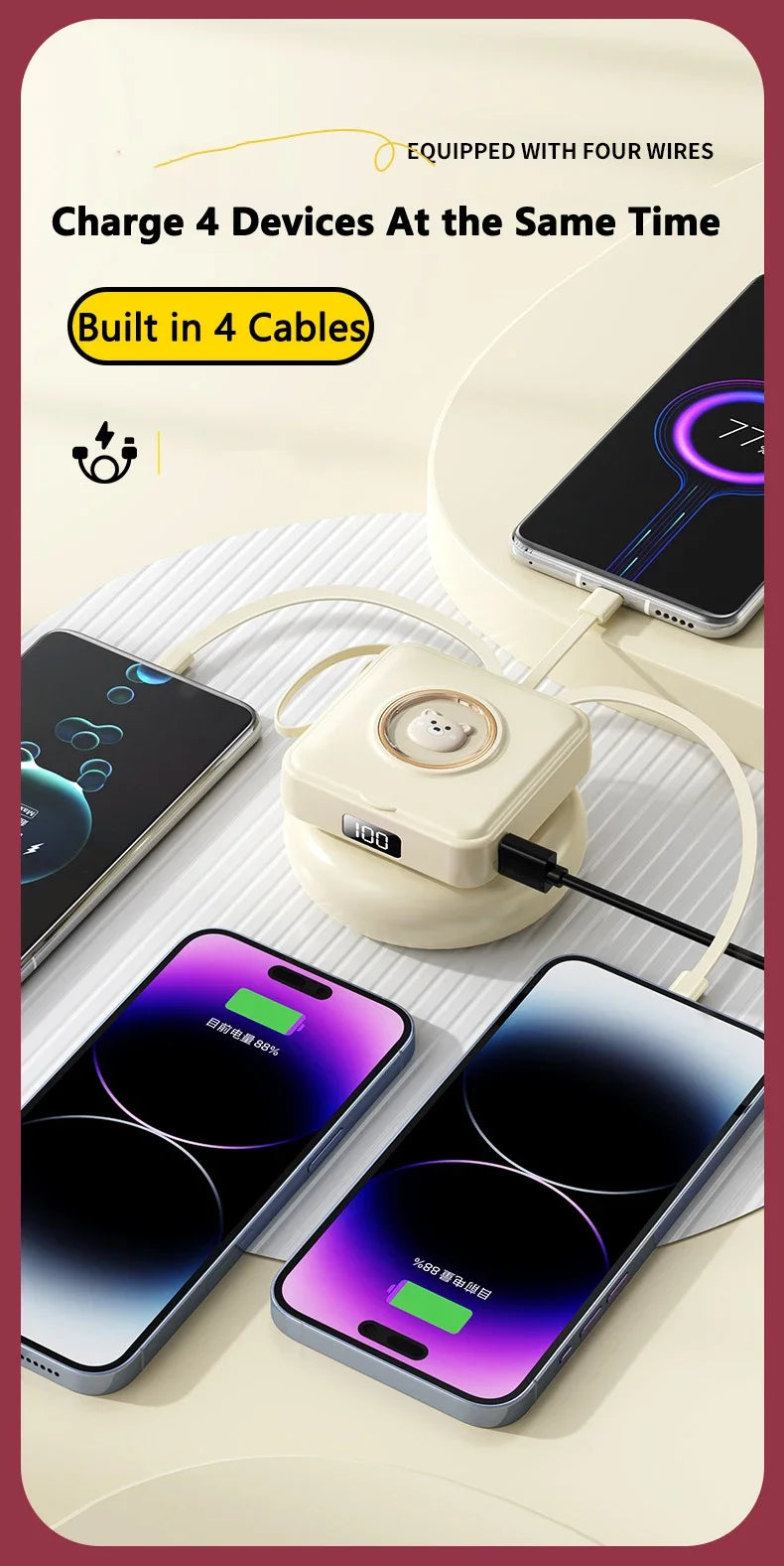 Mini Power Bank 20000mAh – Built-in 4 Cables, Makeup Mirror & Cute Pet Cartoon Design
