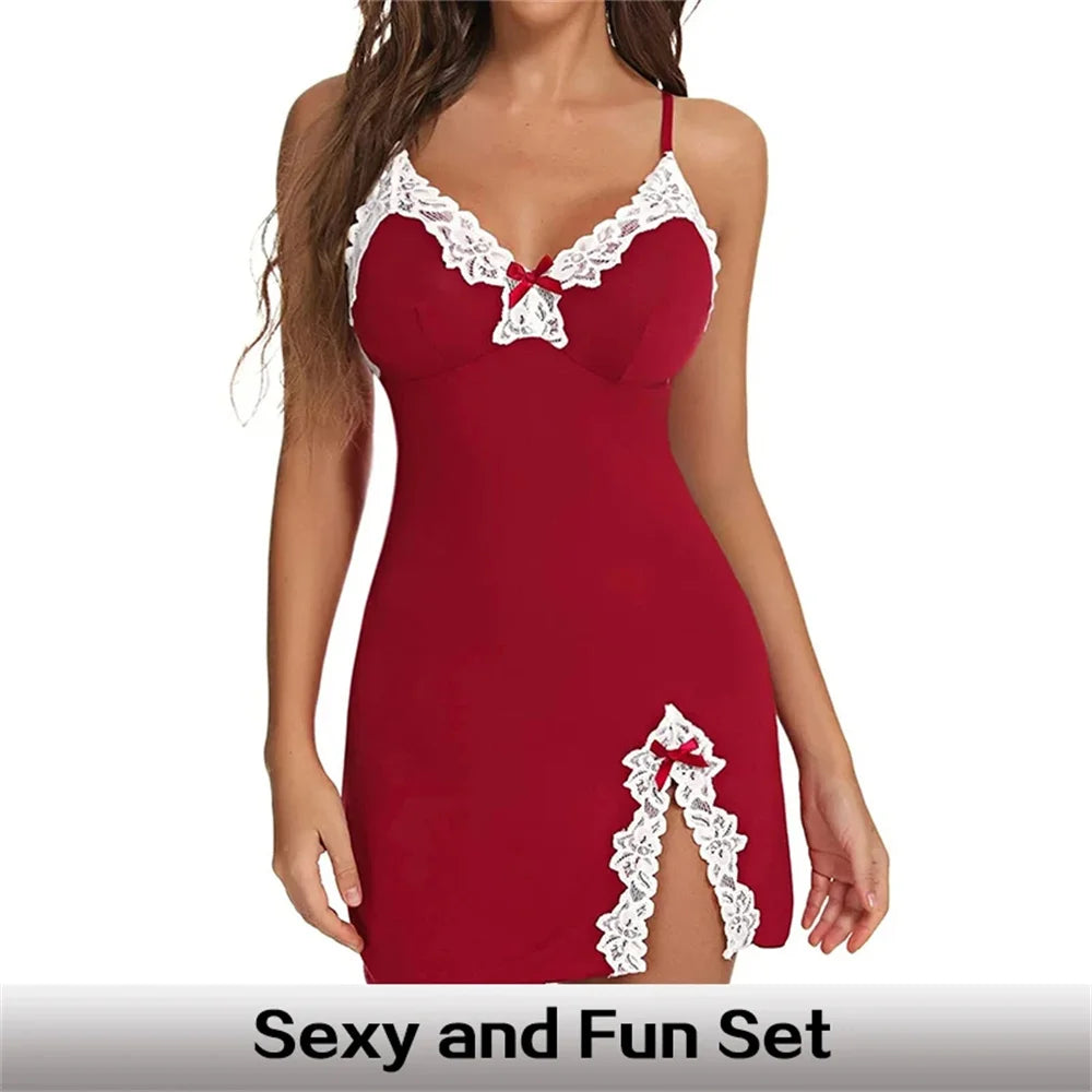 Sexy lace satin nightgown with V-neck and split hem, soft and sleeveless