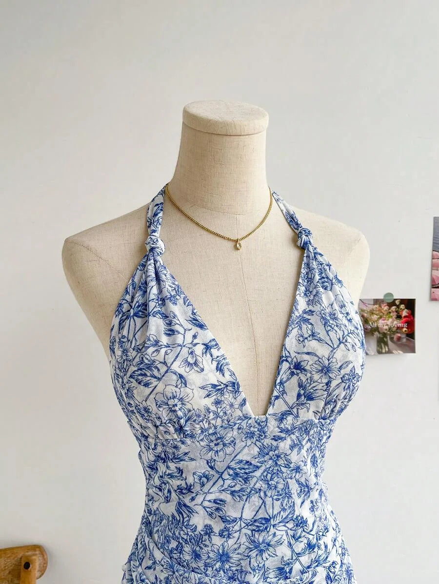 Women's Summer Blue Floral Mesh Dress - V Neck Elegant Slim Fit