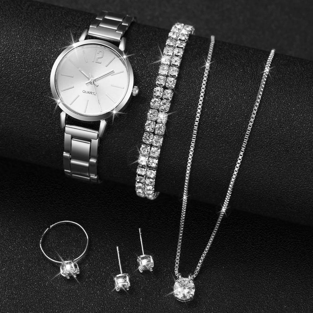 Women's Stainless Steel Quartz Watch & Diamond Jewelry Set – 6PCS Fashion Wristwatch