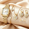 Elegant Rectangle Women's Quartz Watch & Rhinestone Heart Jewelry Set – 6PCS Ladies Wristwatch