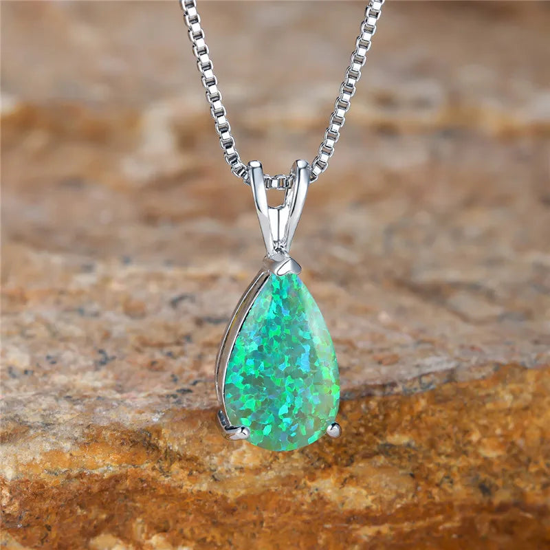 Boho Opal Teardrop Necklace – Silver, Blue-Green