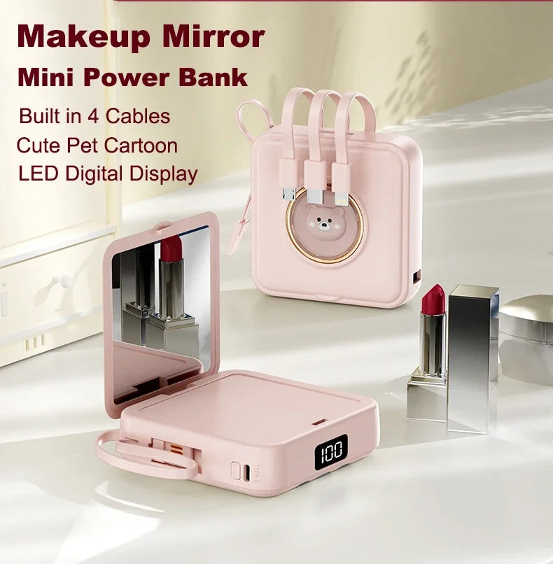 Mini Power Bank 20000mAh – Built-in 4 Cables, Makeup Mirror & Cute Pet Cartoon Design