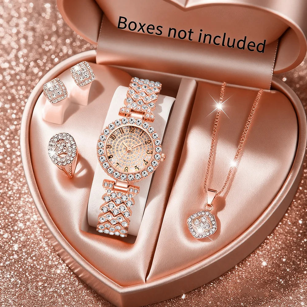 Luxury Rhinestone Women's Quartz Watch & Jewelry Set – 5PCS Elegant Bracelet Wristwatch