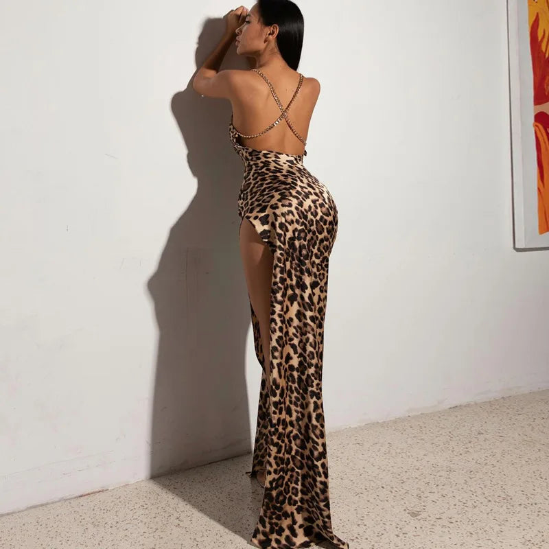 Leopard Print Chain Strap Maxi Dress