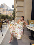 Women's Printed Sleeveless Sling Halter Maxi Dress - Waist Cinching A-line Style
