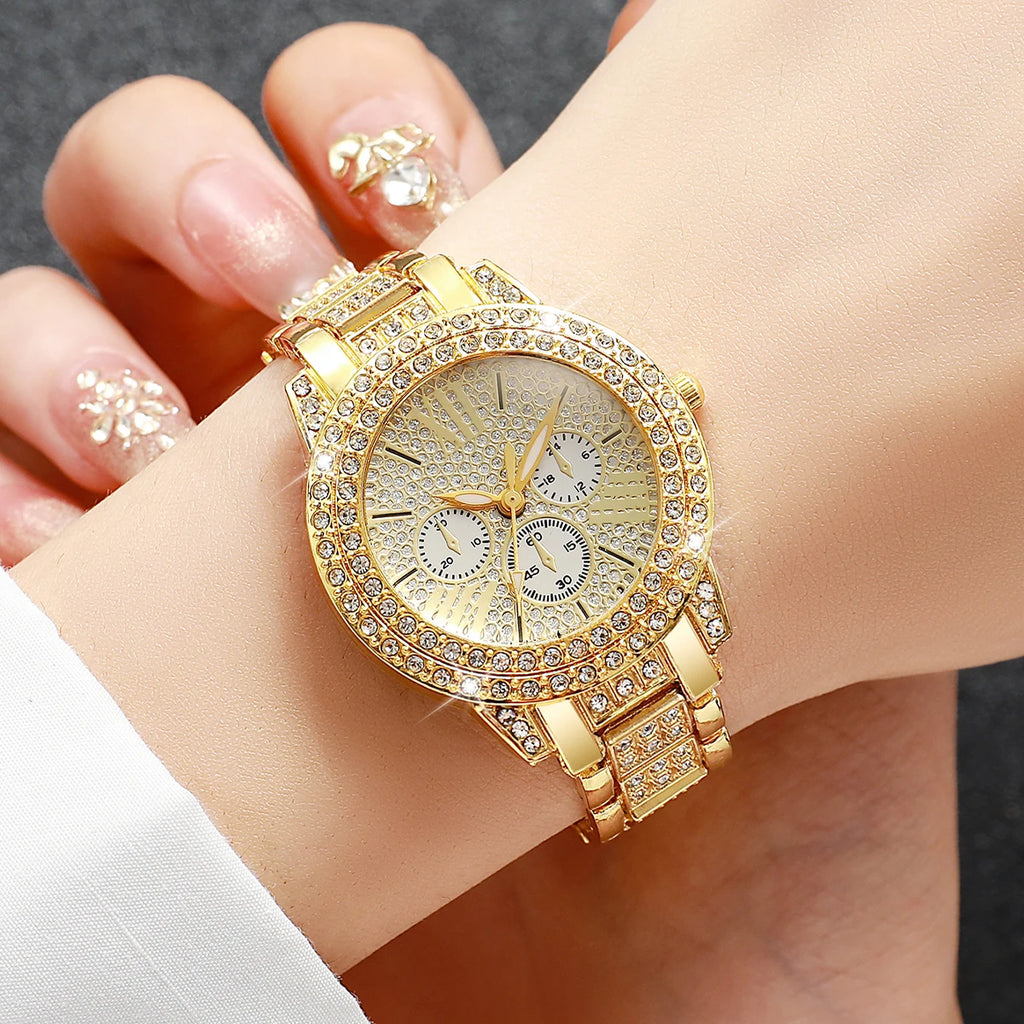 Luxury Full Diamond Women's Quartz Watch & Heart Bracelet Set – 2PCS Ladies Wristwatch