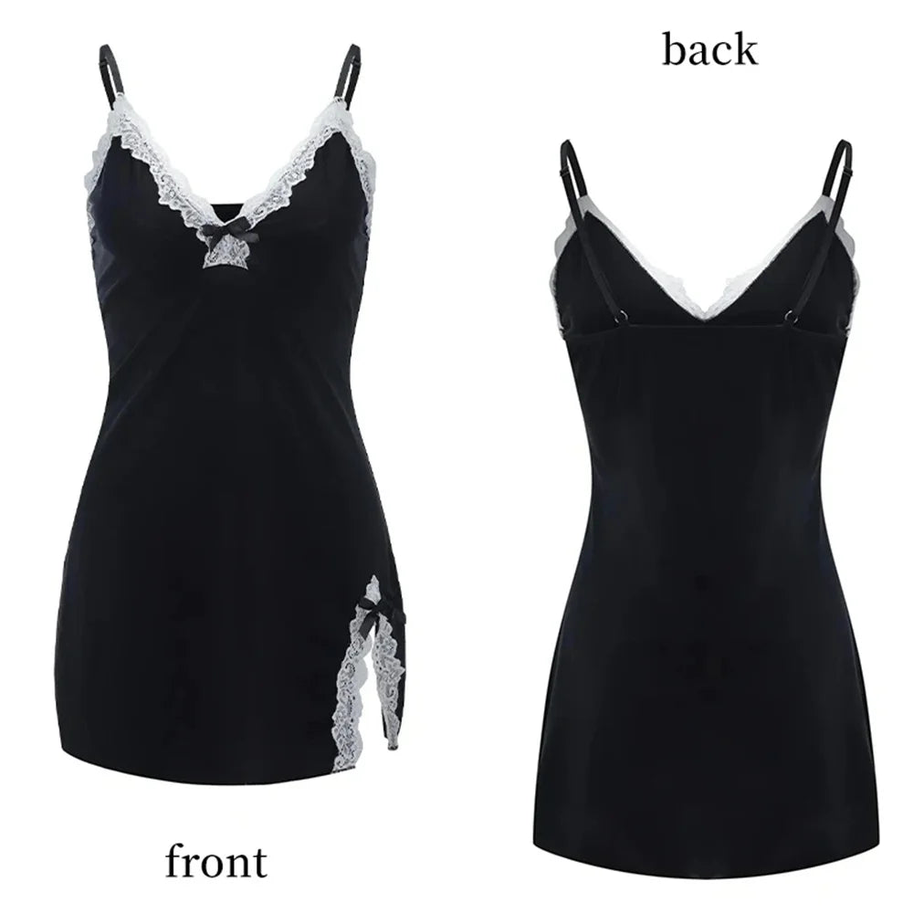 Sexy lace satin nightgown with V-neck and split hem, soft and sleeveless