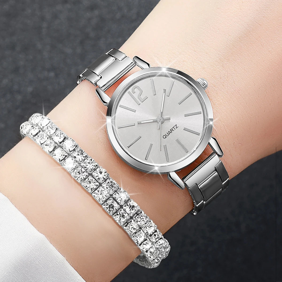 Women's Steel Band Quartz Watch & Diamond Bracelet Set – 6PCS Fashion Wristwatch
