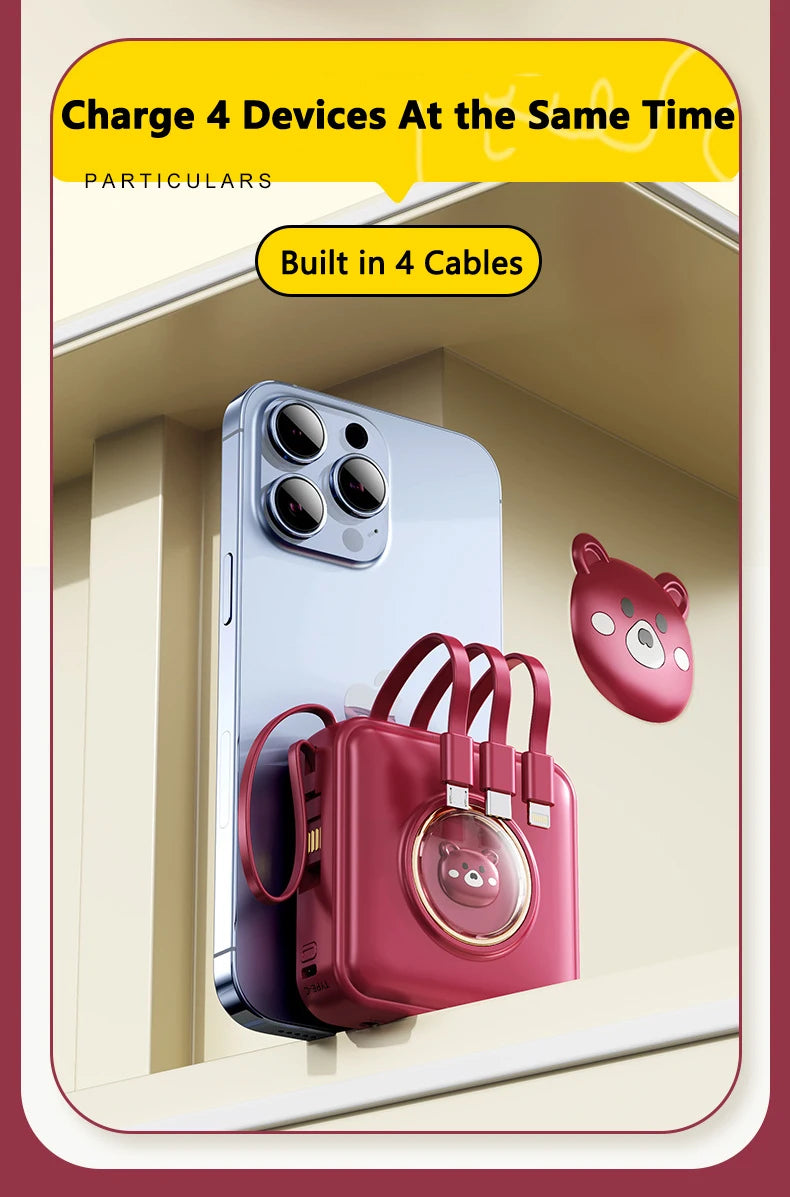 Mini Power Bank 20000mAh – Built-in 4 Cables, Makeup Mirror & Cute Pet Cartoon Design