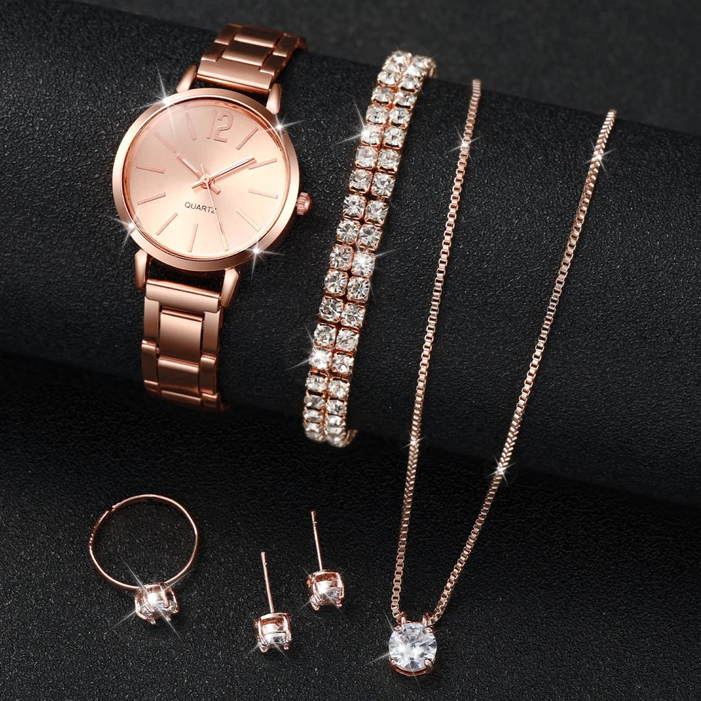 Women's Stainless Steel Quartz Watch & Diamond Jewelry Set – 6PCS Fashion Wristwatch
