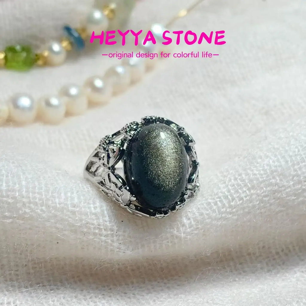 Natural Obsidian Adjustable Ring – Vintage Gemstone Ring for Women