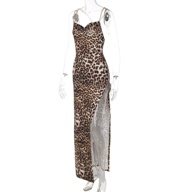 Leopard Print Chain Strap Maxi Dress