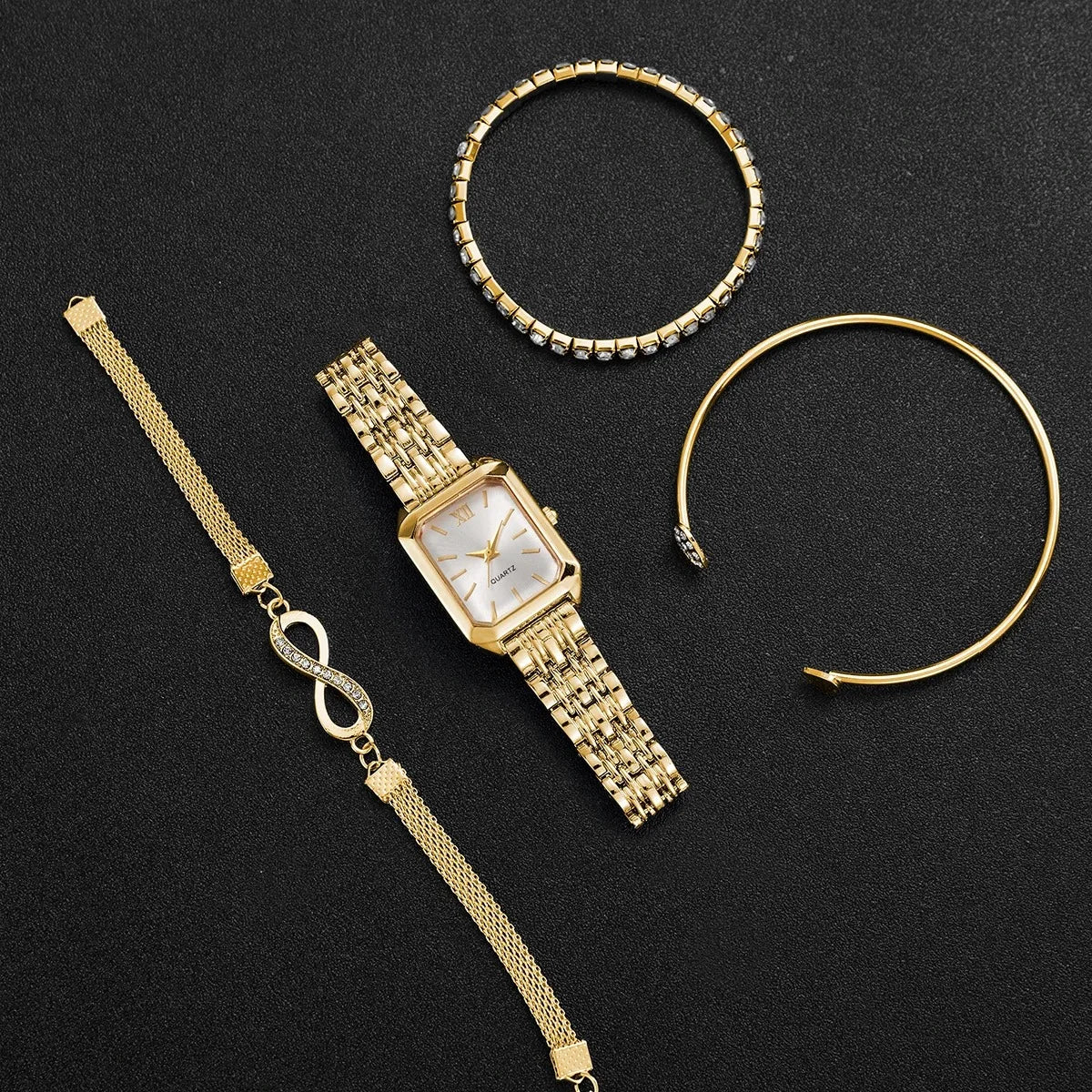 Elegant Rectangle Women's Quartz Watch & Rhinestone Bracelet Bangle Set – 4PCS Ladies Wristwatch