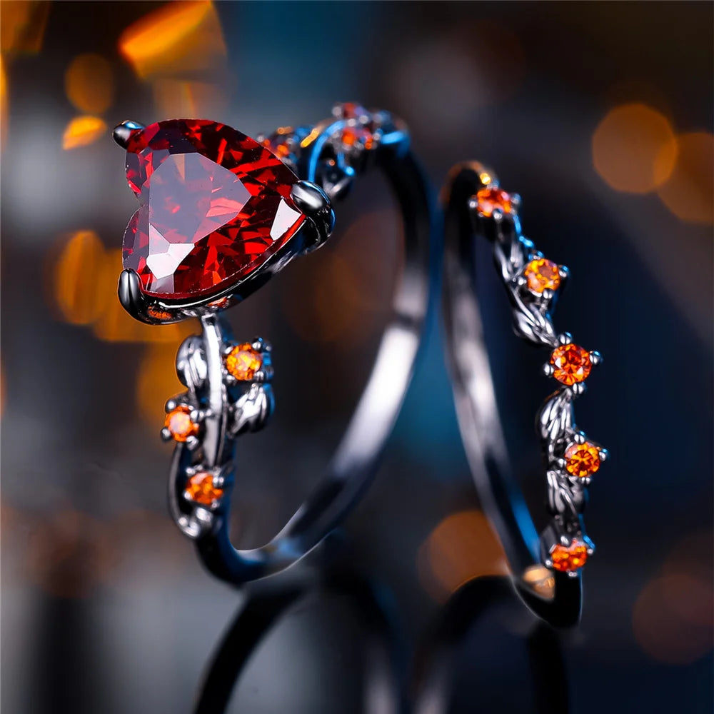 Black Red Zircon Heart Engagement Ring Set for Women, Vintage Black Gold Color, Bridal Wedding Bands