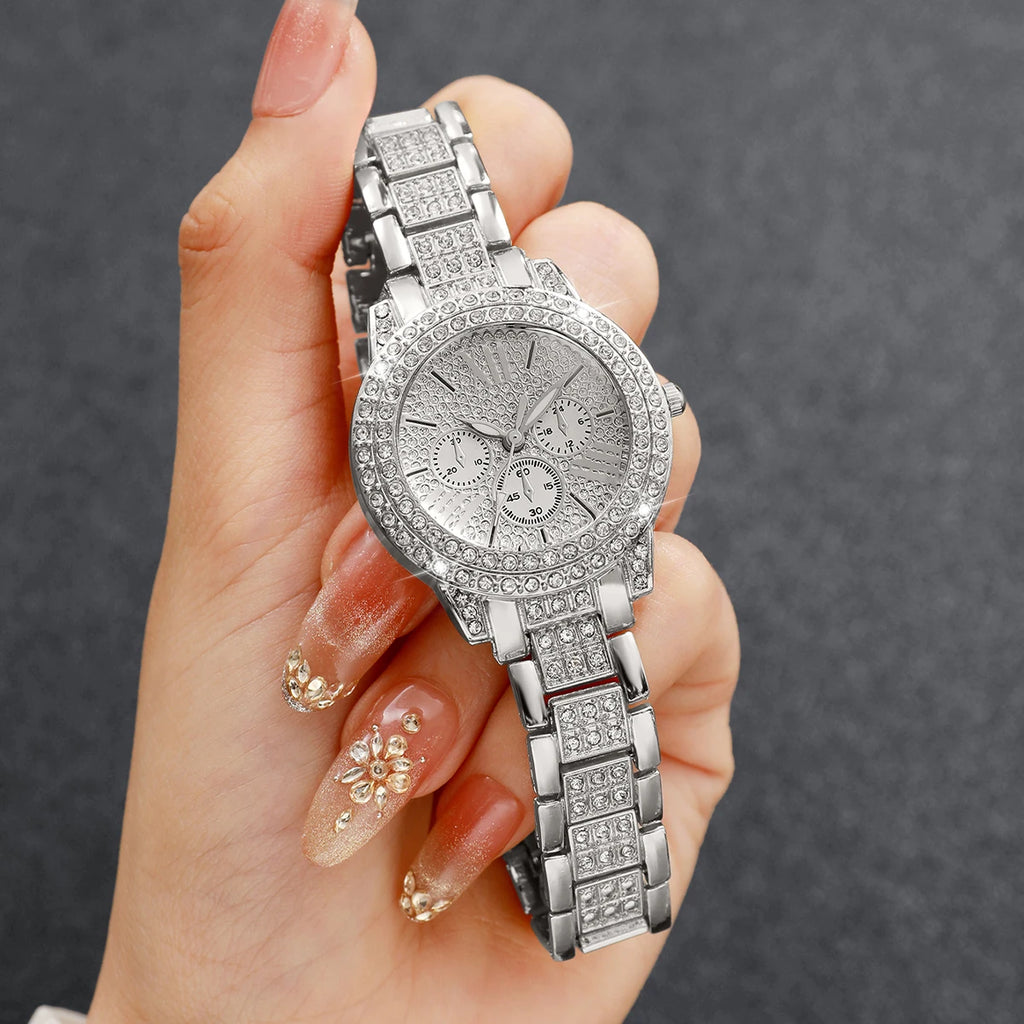 Luxury Full Diamond Women's Quartz Watch & Heart Bracelet Set – 2PCS Ladies Wristwatch