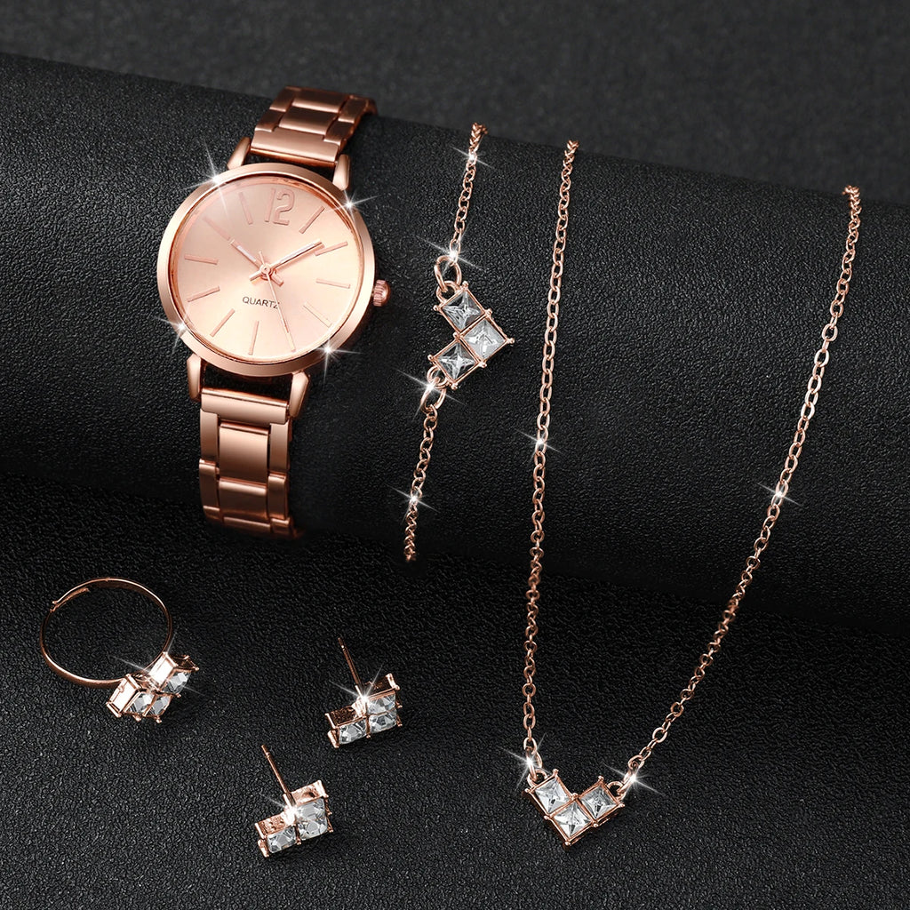 Women's Stainless Steel Quartz Watch & Diamond Jewelry Set – 6PCS Fashion Wristwatch