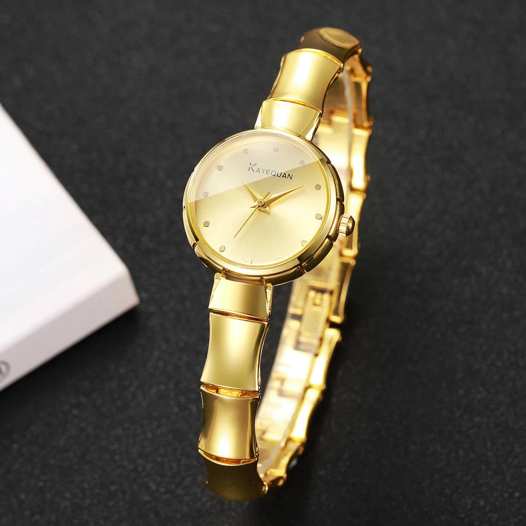 Elegant Women's Gold Bamboo Bracelet Quartz Watch – Luxury Dress Wristwatch