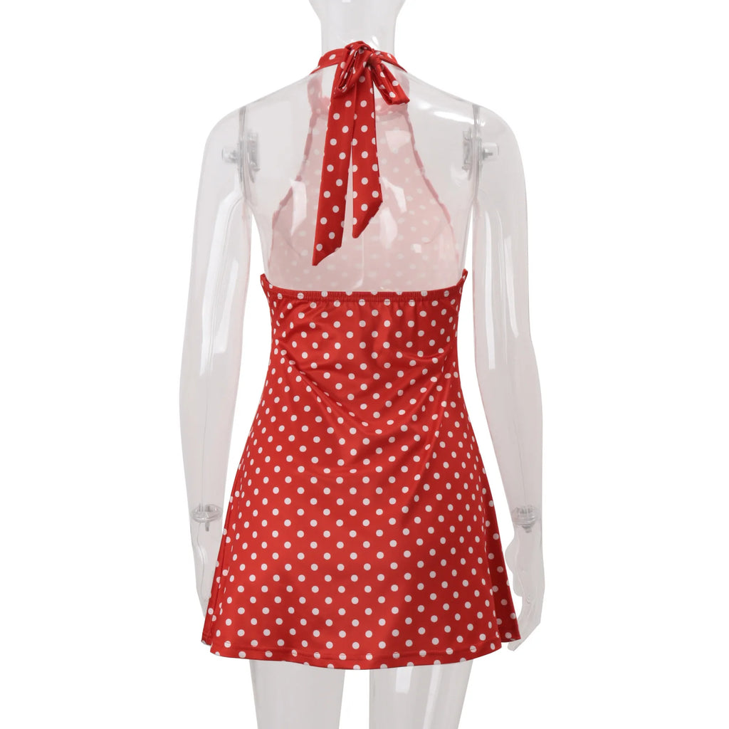 Polka Dot Off Shoulder Backless Halter Mini Dress