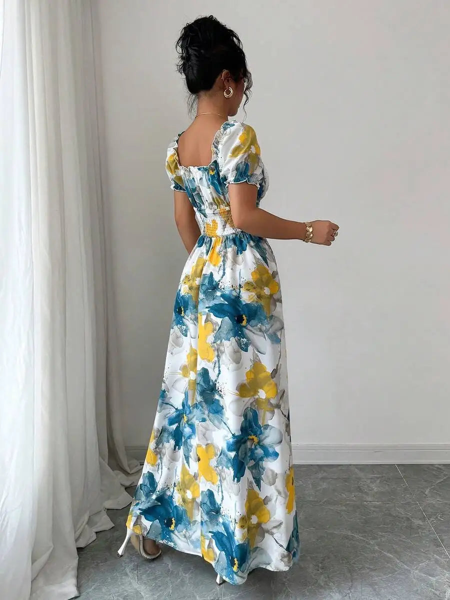 Women's V Neck Shirred Maxi Dress - Big Floral Print Ankle Length