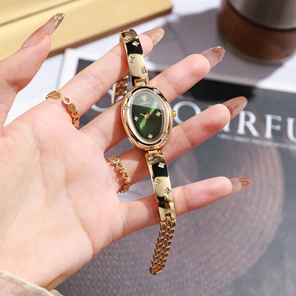 Elegant Oval Dial Women's Rhinestone Bracelet Quartz Watch – Bangle Wristwatch