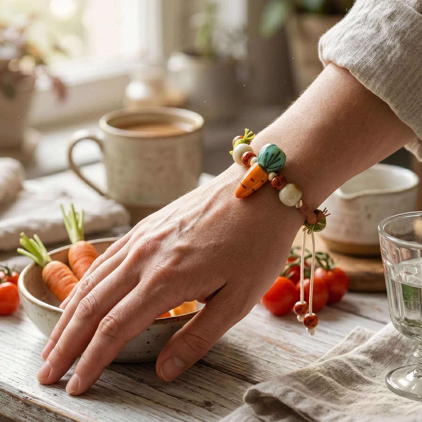 Handmade Ceramic Vegetable Bracelet – Corn & Carrot Braided Wax Cord Boho Jewelry for Women