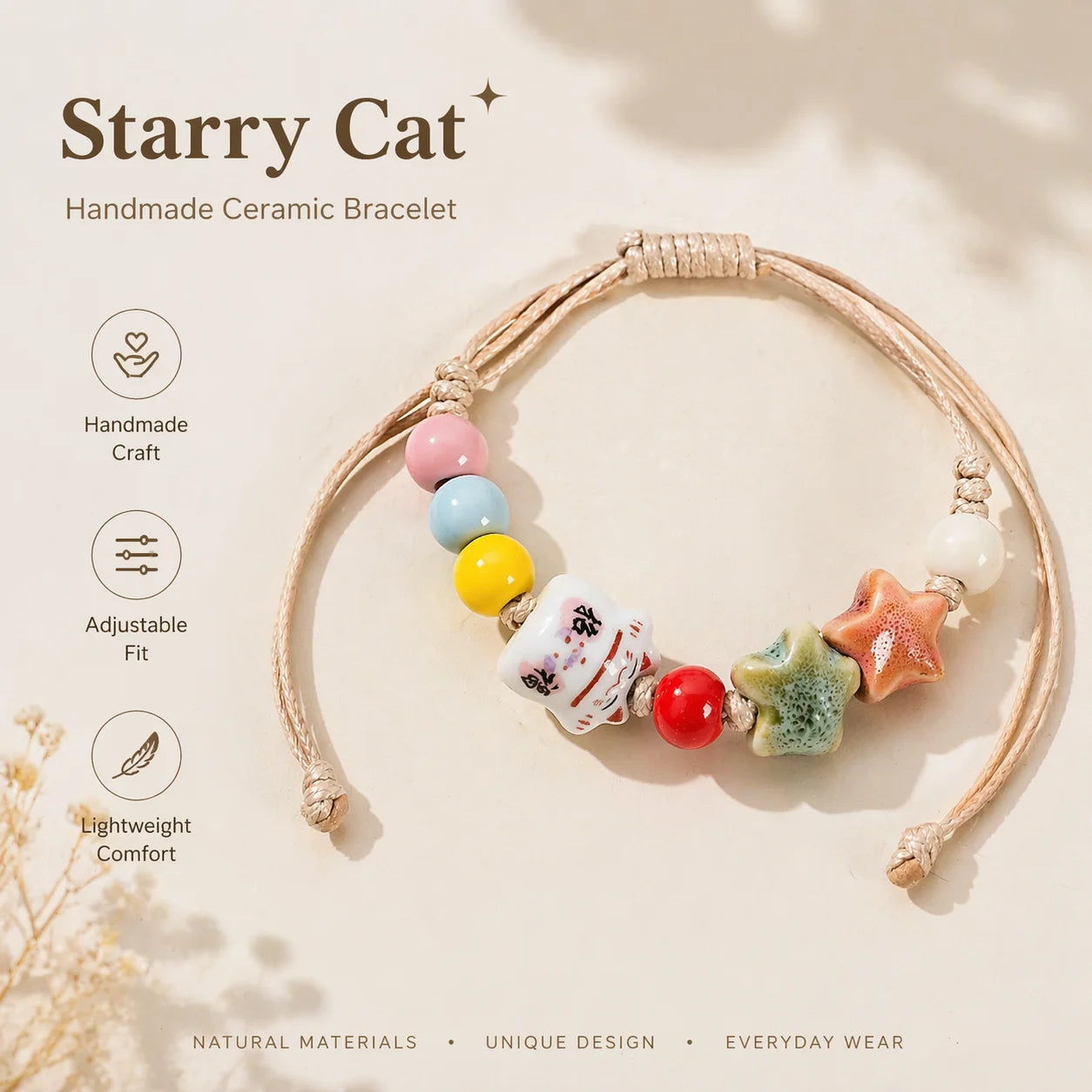 Handmade Ceramic Star Cat Bracelet – Adjustable Multicolor Cord Jewelry for Women