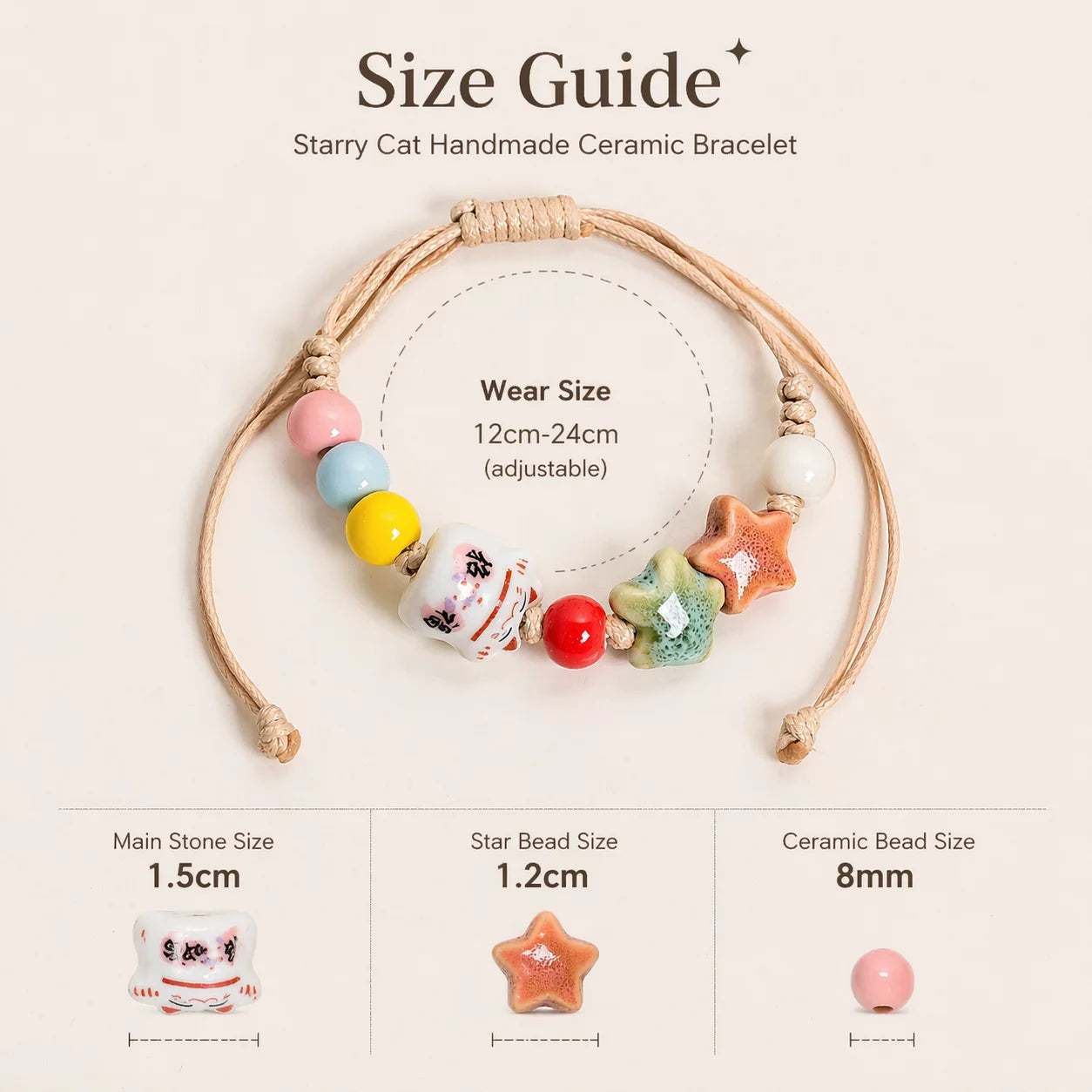 Handmade Ceramic Star Cat Bracelet – Adjustable Multicolor Cord Jewelry for Women